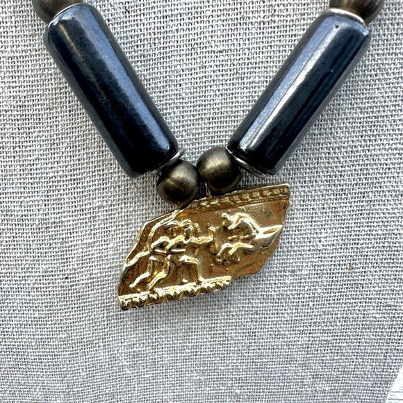 Roman Revival Brass Relief Pendant Necklace Enamel Beads Knight Chariot Battle - Picture 2 of 4